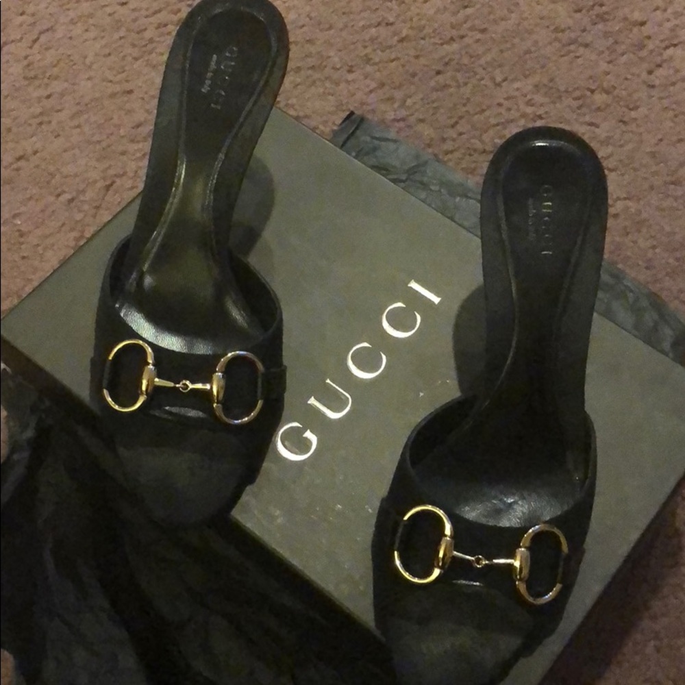 Gucci Black Slip on Open Toe Shoes